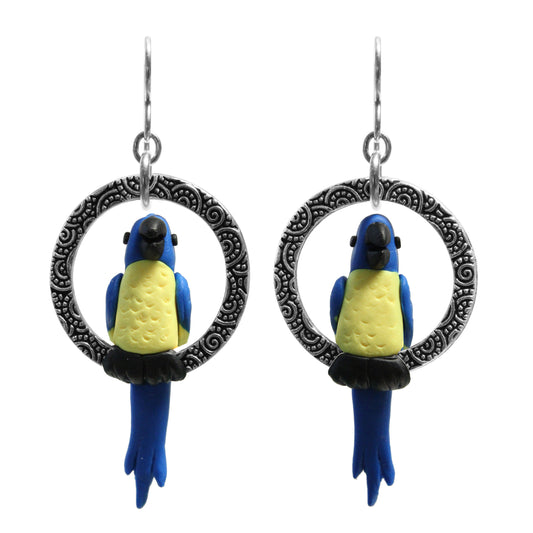 Tropical Macaw Parrot Earrings / 60mm length / blue with yellow / sterling silver earwires