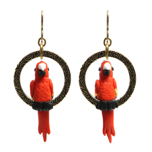 Tropical Macaw Parrot Earrings / 60mm length / red with yellow and blue tipped wings / gold filled earwires