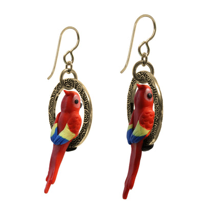 Tropical Macaw Parrot Earrings / 60mm length / red with yellow and blue tipped wings / gold filled earwires