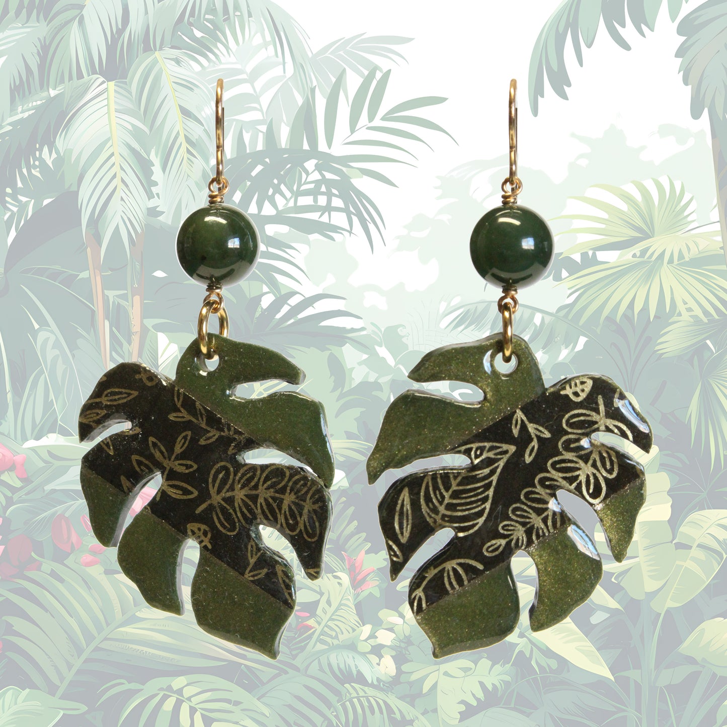 Monstera Earrings / 70mm length / genuine BC Jade gemstones / gold filled earwires