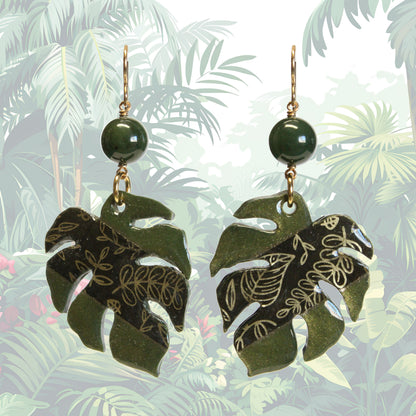 Monstera Earrings / 70mm length / genuine BC Jade gemstones / gold filled earwires