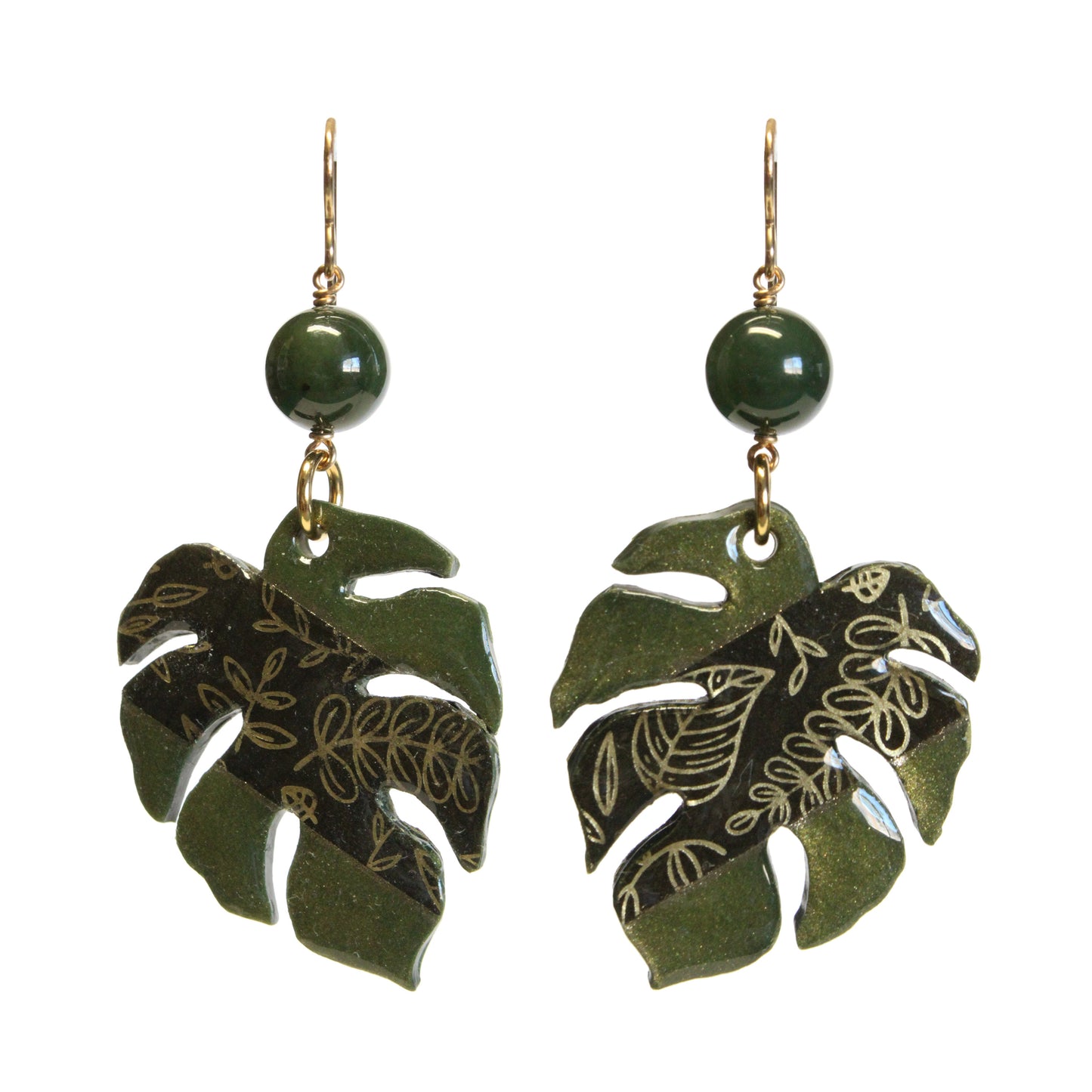 Monstera Earrings / 70mm length / genuine BC Jade gemstones / gold filled earwires