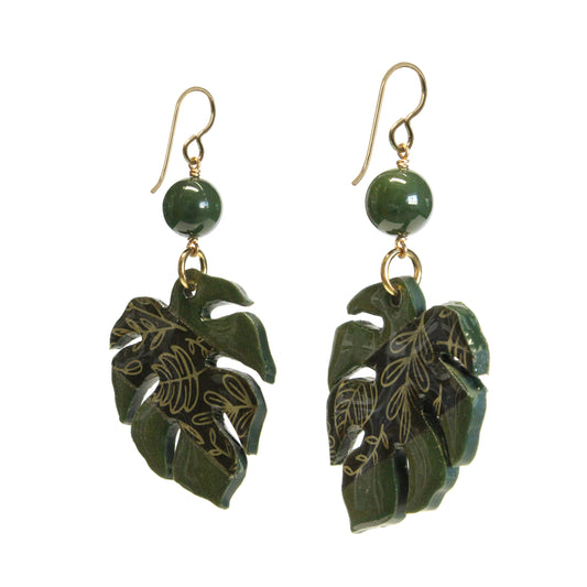 Monstera Earrings with BC Jade / reverse view