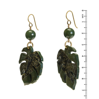 Monstera Earrings with BC Jade / side view with ruler