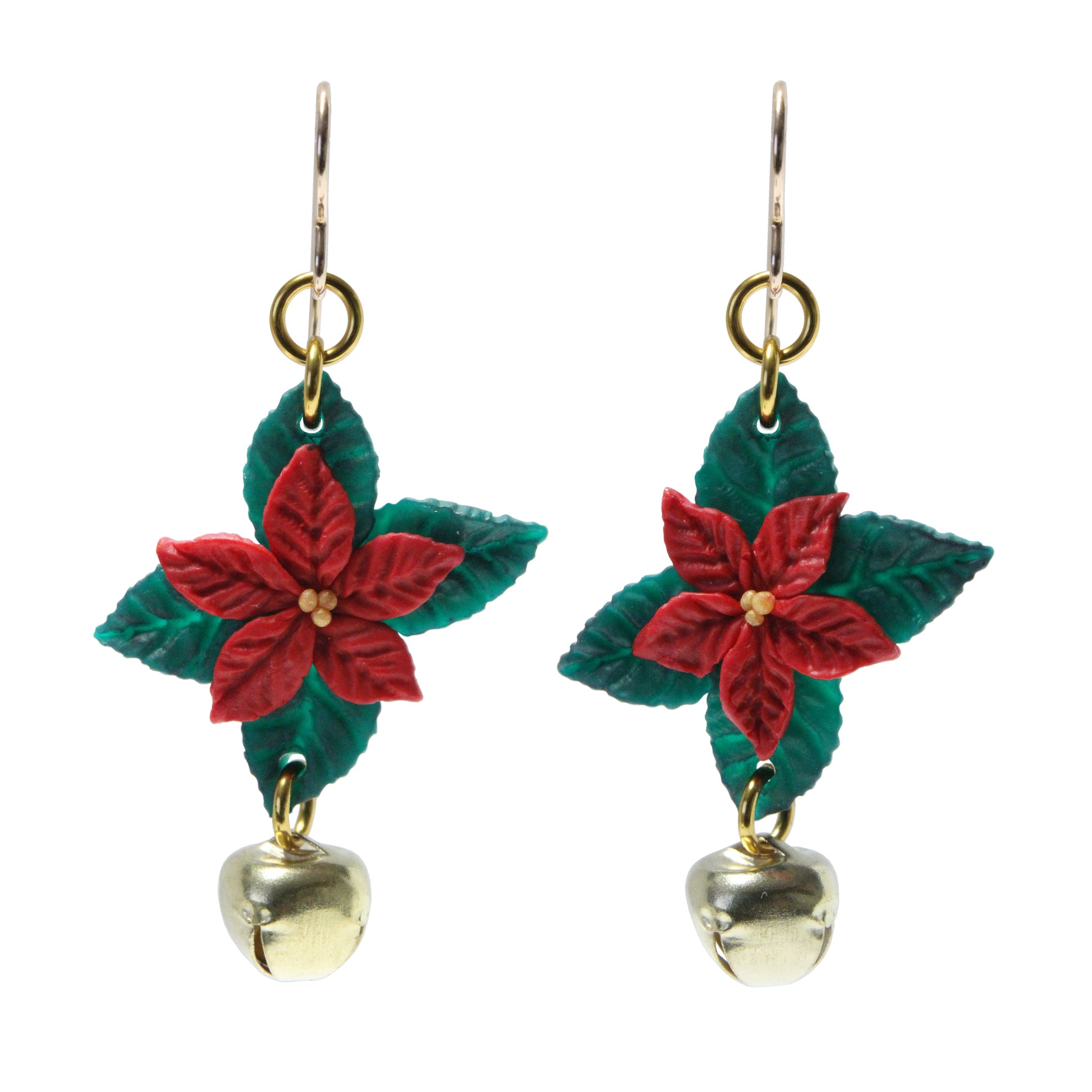 Christmas Poinsettia Earrings with Jingle Bells