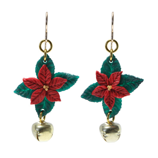 Christmas Poinsettia Earrings with Jingle Bells