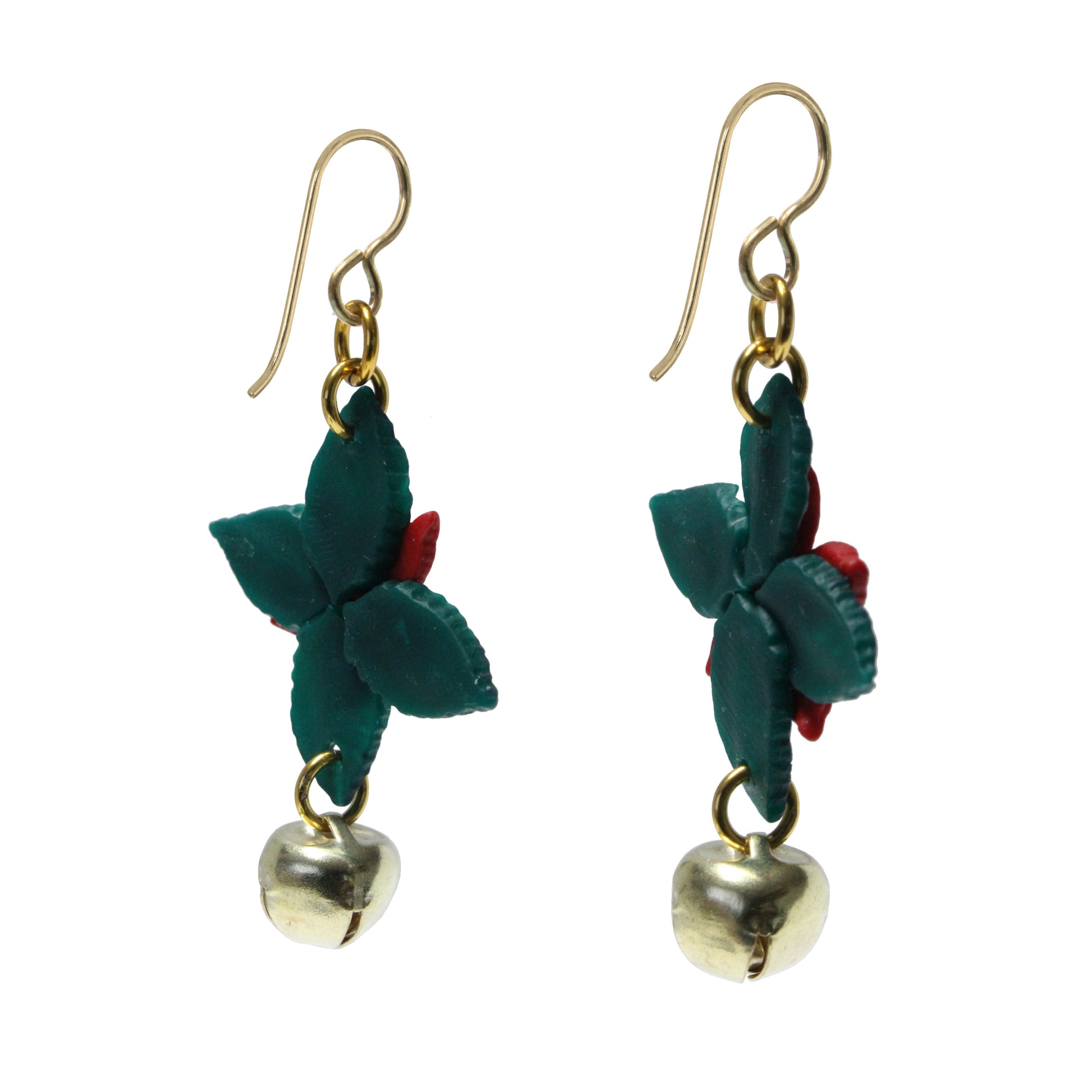 Christmas Poinsettia Earrings with Jingle Bells - reverse view