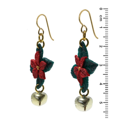 Christmas Poinsettia Earrings with Jingle Bells - side view with ruler