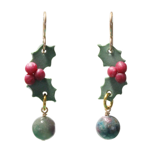 Christmas Holly Earrings with Ruby Fuchsite & Gold Hooks
