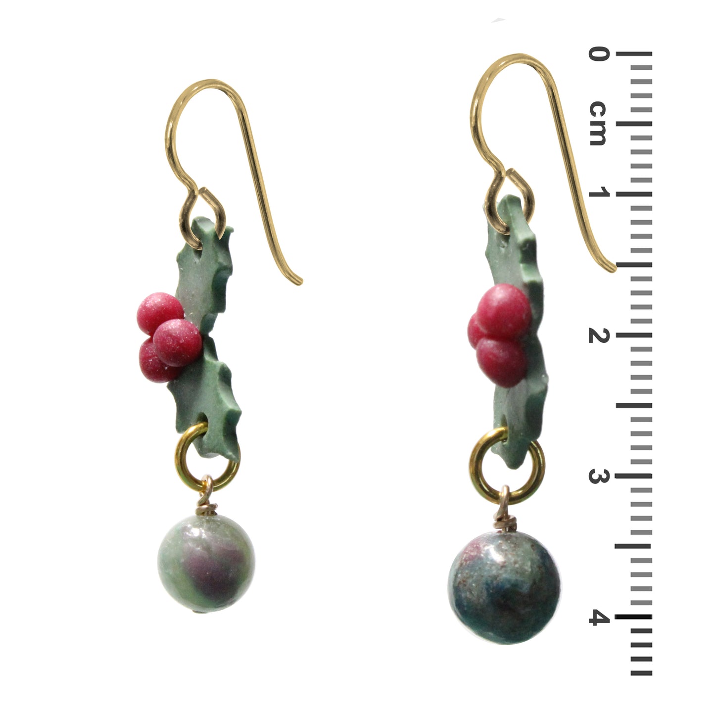 Christmas Holly Earrings with Ruby Fuchsite & Gold Hooks - Side View