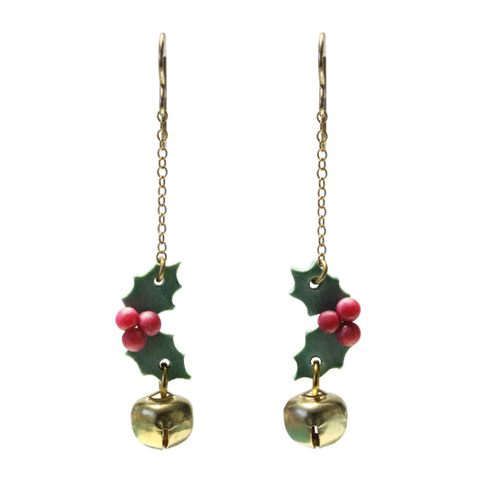 Christmas Holly Chain Earrings with jingle bells 