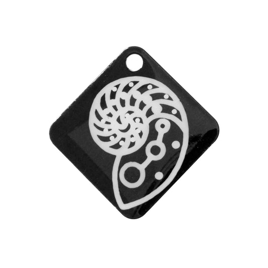 NAUTILUS SHELL CHARM / white silhouette on black background / printed on anodized aluminum tags