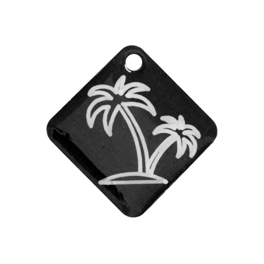 PALM TREE CHARM / white silhouette on black background / printed on anodized aluminum tags