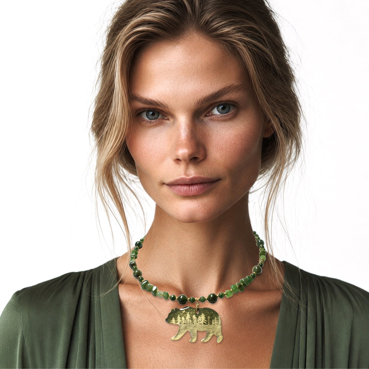 Night Forest Bear Necklace – Genuine BC Jade with Hand-Painted Pendant