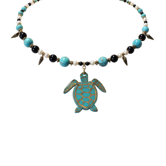 Turquoise Island Beach Necklace / 16-18 Inch length / genuine turquoise gemstones /  hand-painted pendant