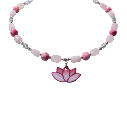 Pink Lotus Necklace / 16-18 Inch length / with rose quartz gemstones / hand-painted pendant