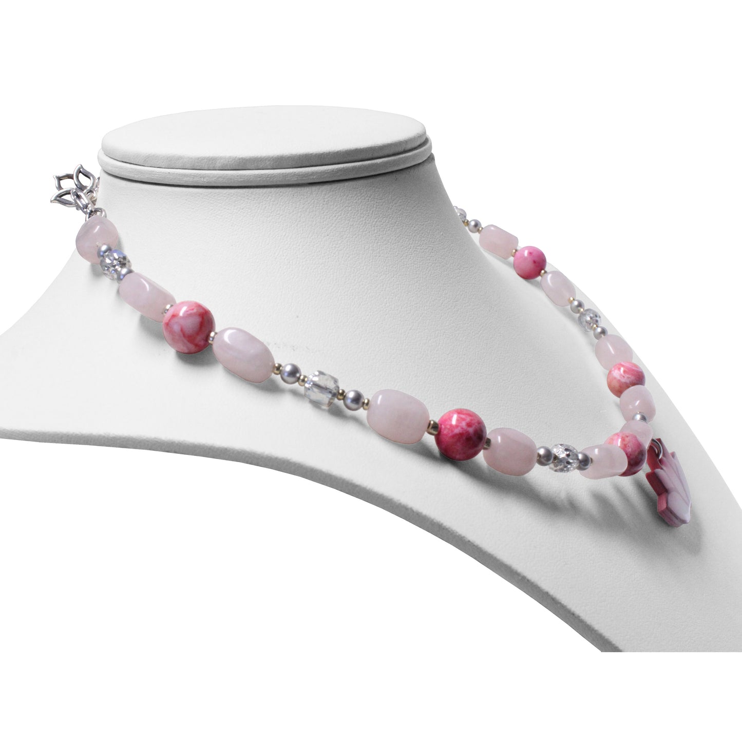 Pink Lotus Necklace / 16-18 Inch length / with rose quartz gemstones / hand-painted pendant