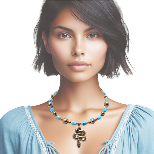 Turquoise Desert Scene Necklace / Nacozari turquoise gemstones /  hand-painted snake pendant and beads