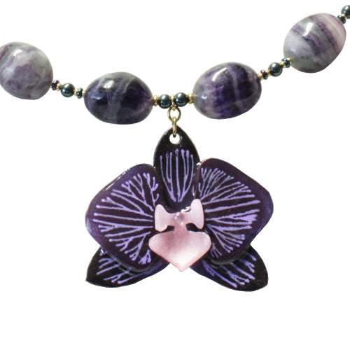 Hand-painted purple orchid pendant with detailed petals, artisan floral jewelry