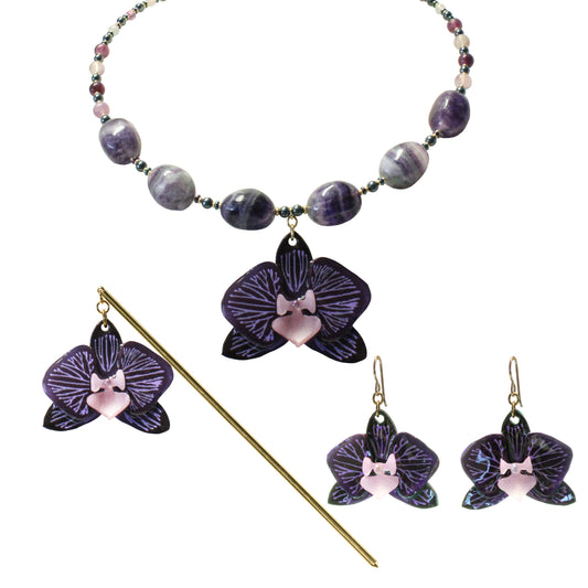 Purple Orchid Jewelry Set – Necklace, Hair Stick & Earrings