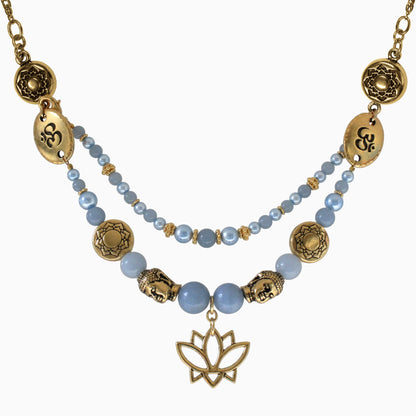 Lotus Spiritual Necklace with angelite and magnetic clasps / 23 Inch length / convertible - can break down into 3 separate bracelets