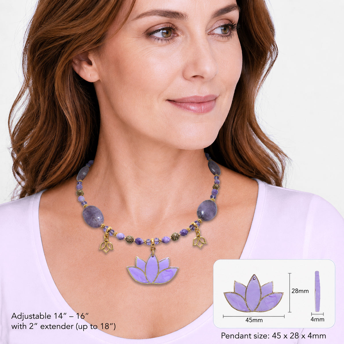 Lotus Bloom Necklace – Lepidolite, Crystal & Gold Pewter, Handmade lotus flower polymer clay pendant