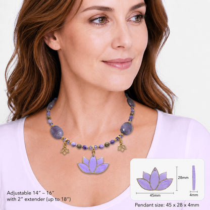 Lotus Bloom Necklace – Lepidolite, Crystal & Gold Pewter, Handmade lotus flower polymer clay pendant