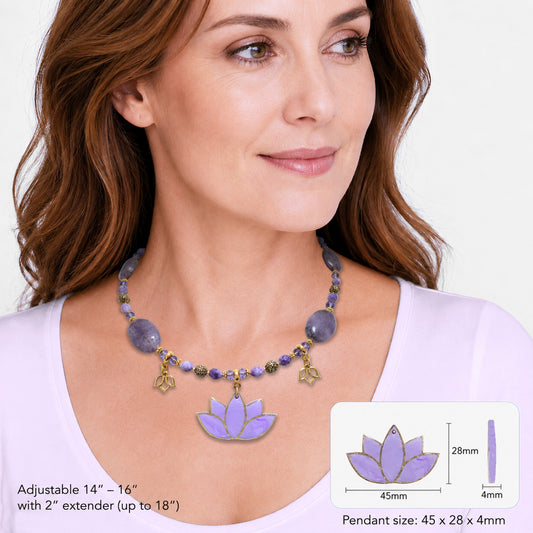 Lotus Bloom Necklace – Lepidolite, Crystal & Gold Pewter, Handmade lotus flower polymer clay pendant