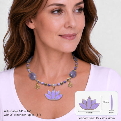 Lotus Bloom Necklace – Lepidolite, Crystal & Gold Pewter, Handmade lotus flower polymer clay pendant