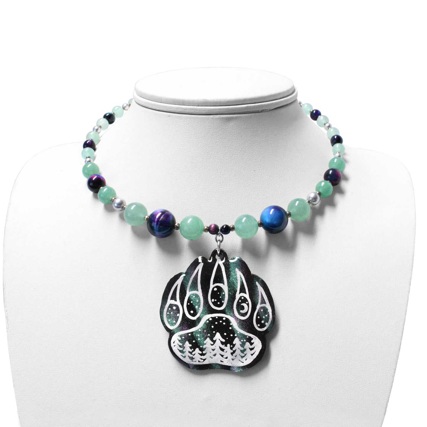 Night Forest Bear Paw Necklace / northern lights effect / with greens, purples and blues