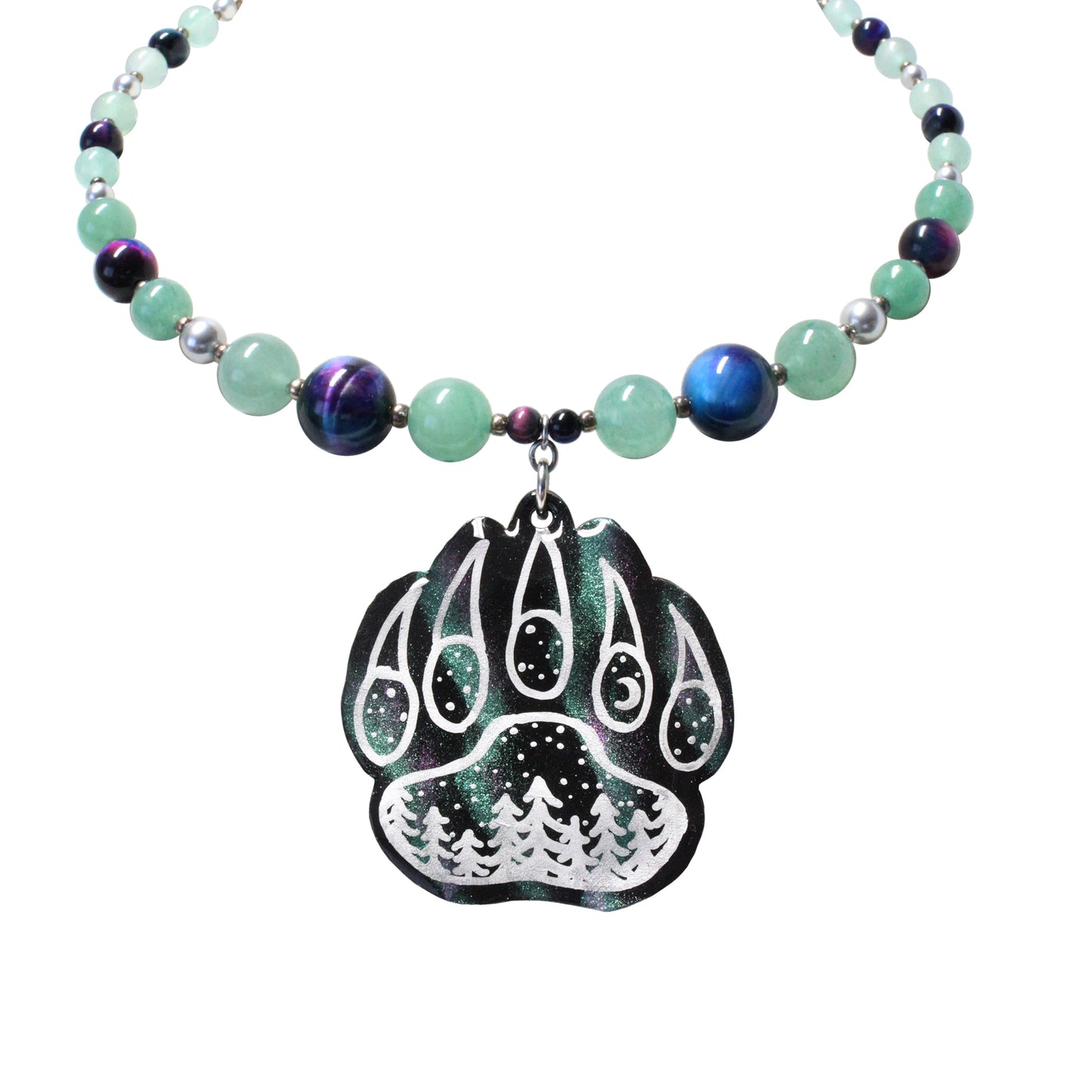 Night Forest Bear Paw Necklace / northern lights effect / with greens, purples and blues