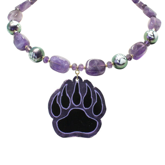 Purple Bear Paw Necklace / 16-18 Inch length / genuine amethyst / hand-painted pendant