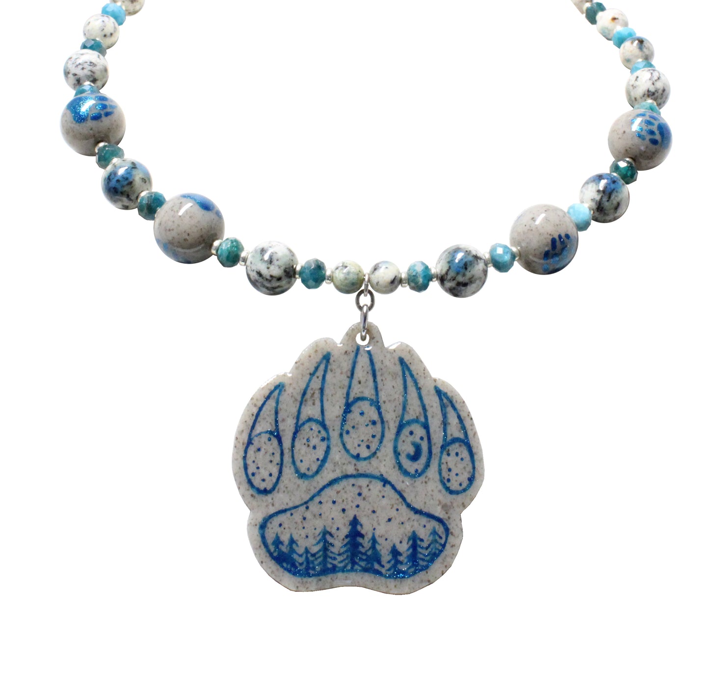 Night Forest Bear Paw Necklace / with genuine K2 Granite beads / hand-painted pendant and beads