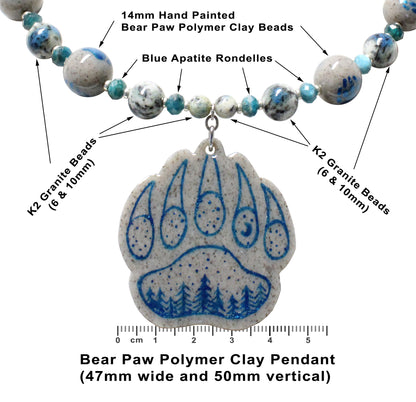 Night Forest Bear Paw Necklace / with genuine K2 Granite beads / hand-painted pendant and beads