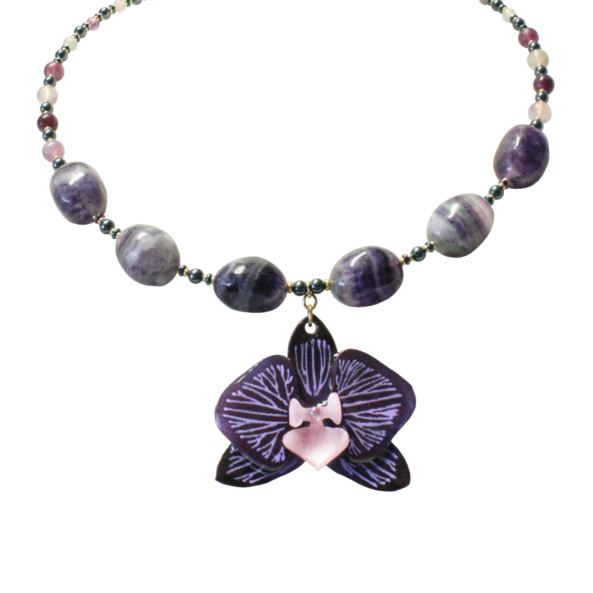 Purple Orchid Necklace with hand-painted orchid pendant and natural fluorite nugget beads on memory wire