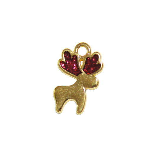 REINDEER Charm / 16 x 10mm / Gold 24K Plated Zamak with red glitter