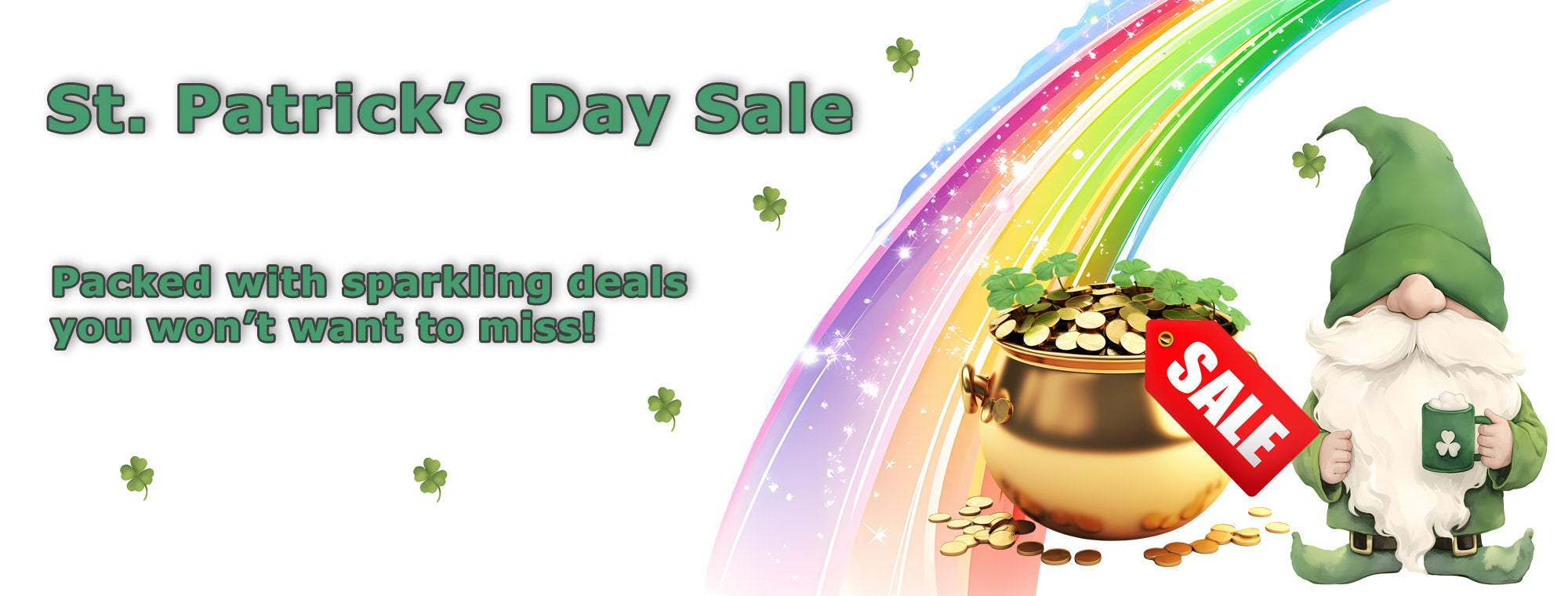 St. Patrick's Day sale banner with gnome, pot of gold, and rainbow