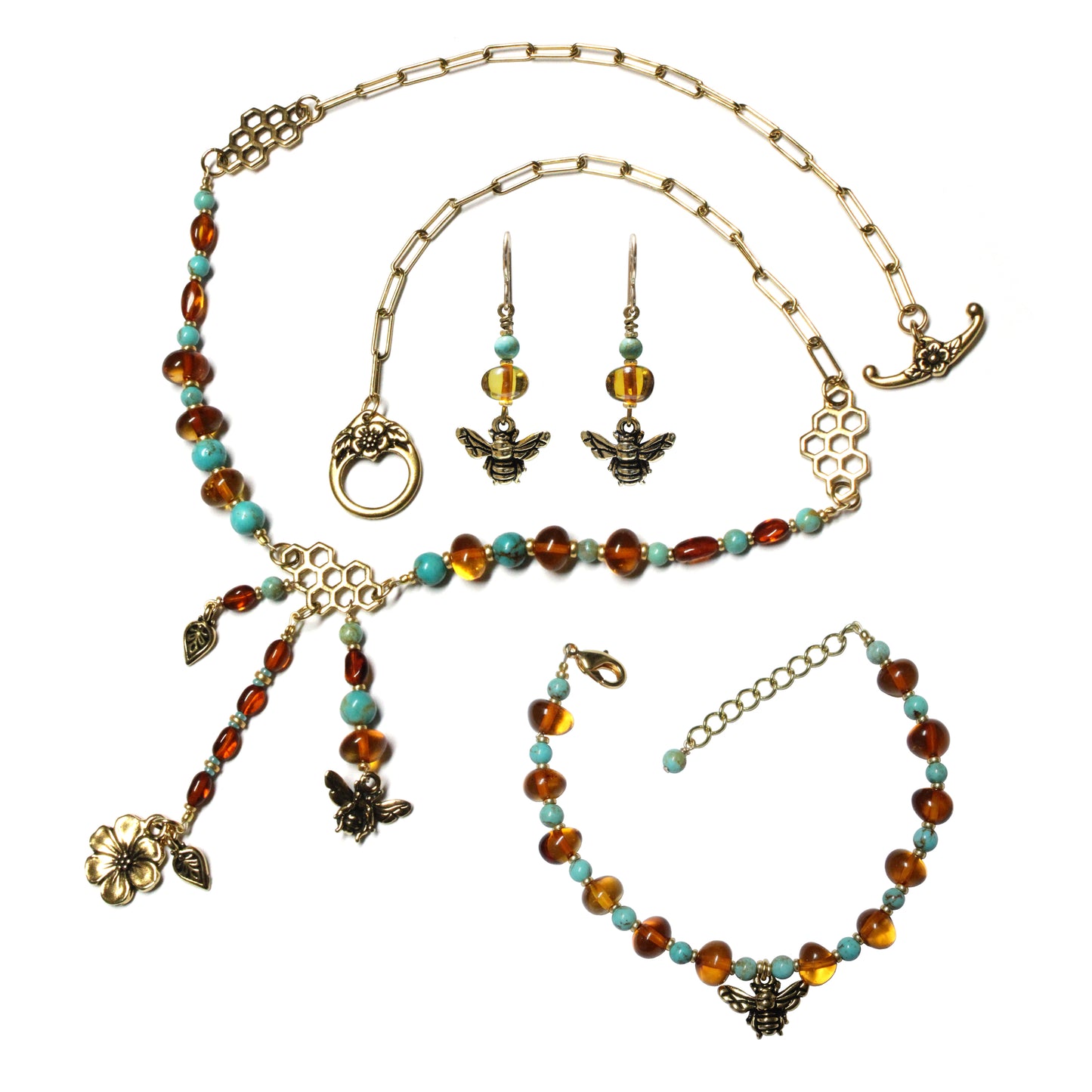 Honeybee Baltic Amber & Turquoise Jewelry Set – Necklace + Bracelet + Earrings