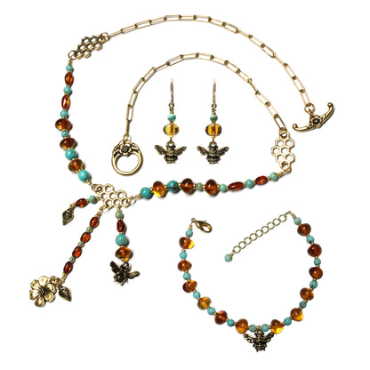 Honeybee Baltic Amber & Turquoise Jewelry Set – Necklace + Bracelet + Earrings