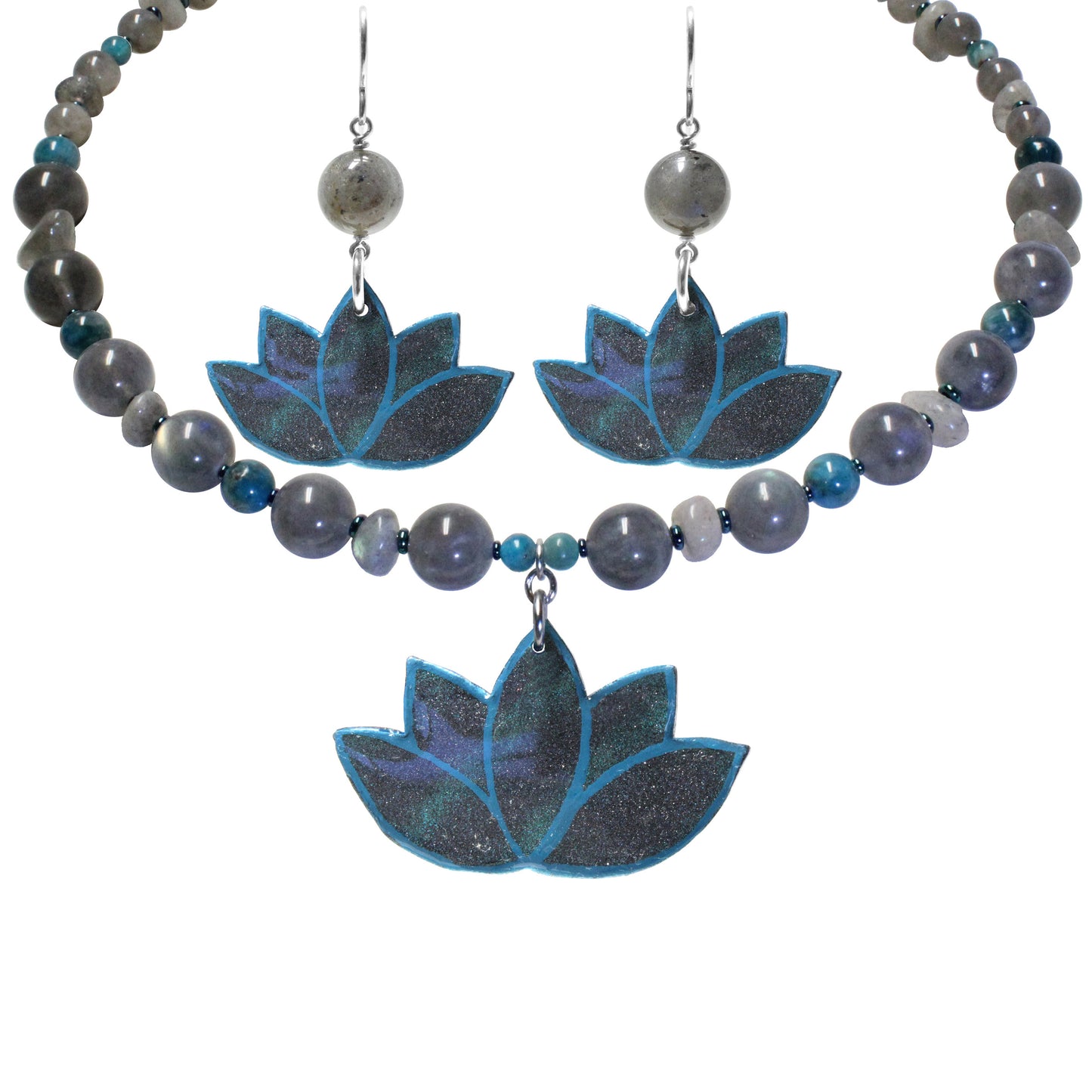Lotus Necklace and Earrings set – Labradorite & Blue Apatite