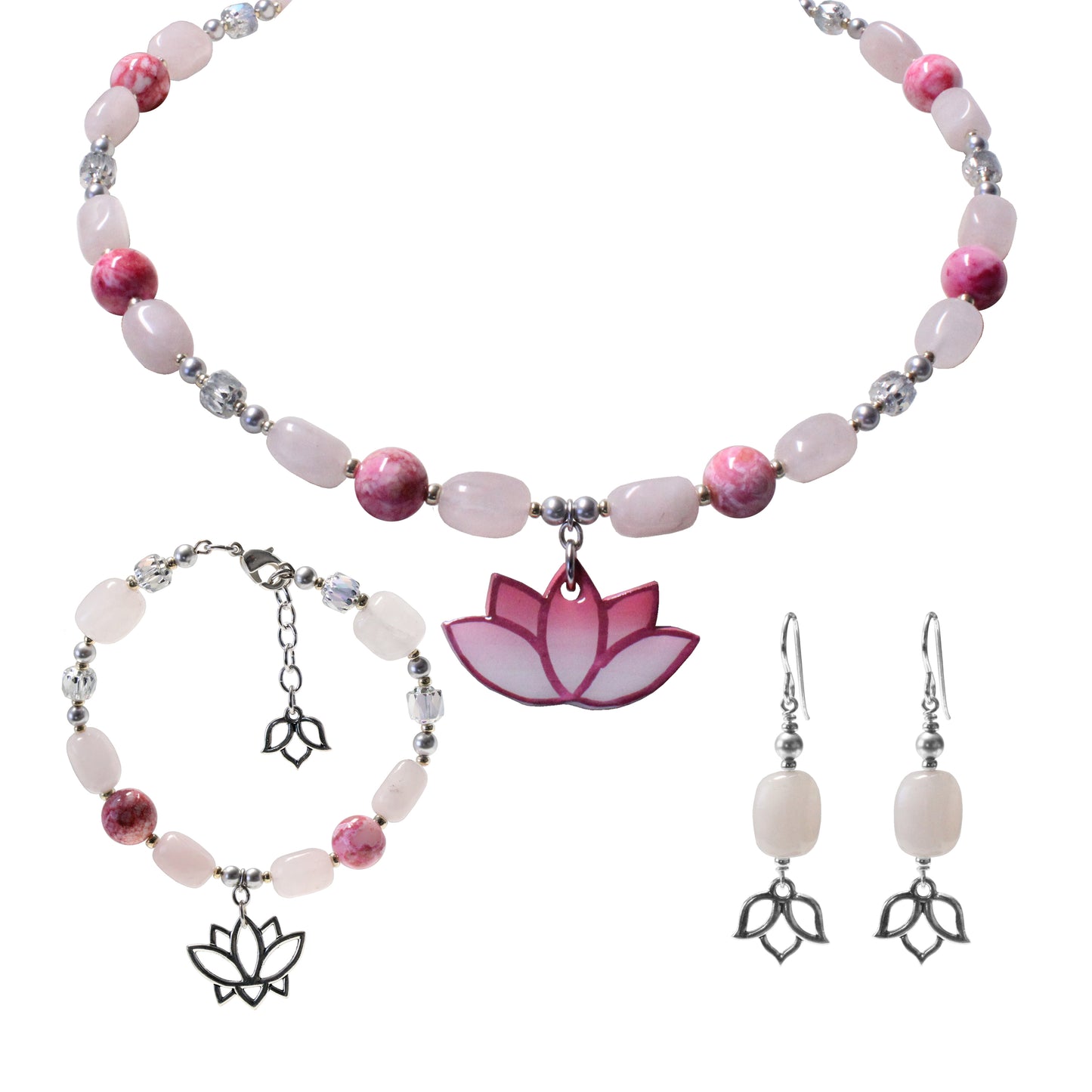Lotus Earrings, Necklace and Bracelet set – Rose Quartz & Pink Agate