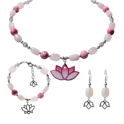 Lotus Earrings, Necklace and Bracelet set – Rose Quartz & Pink Agate