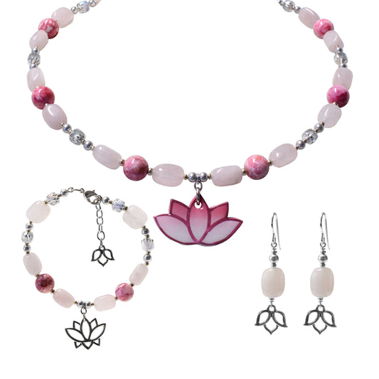 Lotus Earrings, Necklace and Bracelet set – Rose Quartz & Pink Agate