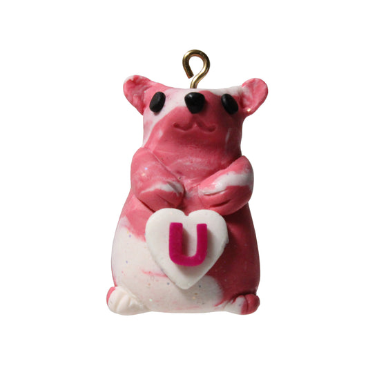 STRAWBERRY LOVE HAMSTER Polymer Clay Charm / red and white / eyelet for attaching jump ring