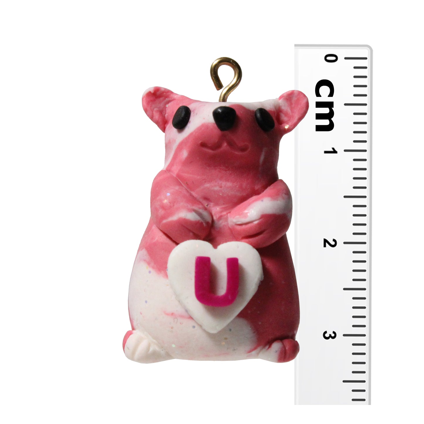 STRAWBERRY LOVE HAMSTER Polymer Clay Charm / red and white / eyelet for attaching jump ring