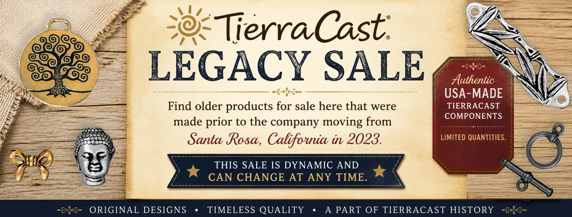 Promotional banner for the TierraCast Legacy Sale, featuring a central beige parchment-style panel with black text, surrounded by decorative jewelry components including a tree of life pendant, a Buddha head, and a small gold bow.
