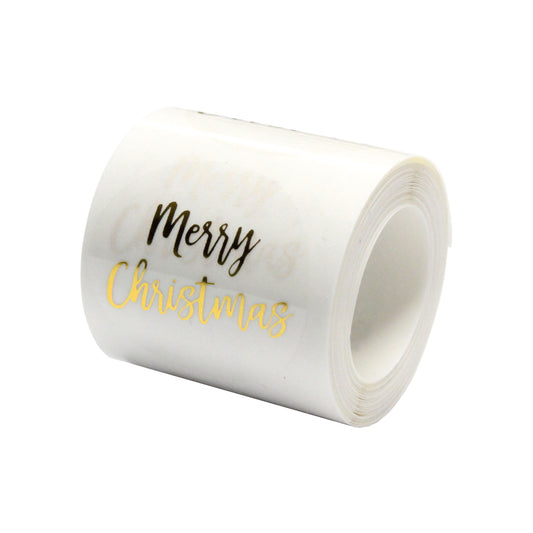 100 Merry Christmas Stickers / 25mm diameter / peel and stick / shiny gold lettering on a transparent vinyl background