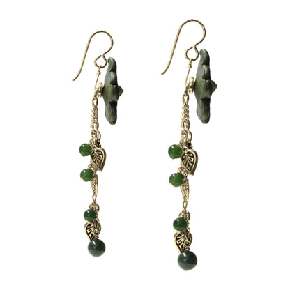 BC Jade Flower Cascade Earrings / 75mm length / with gold pewter charms and gold filled earwires