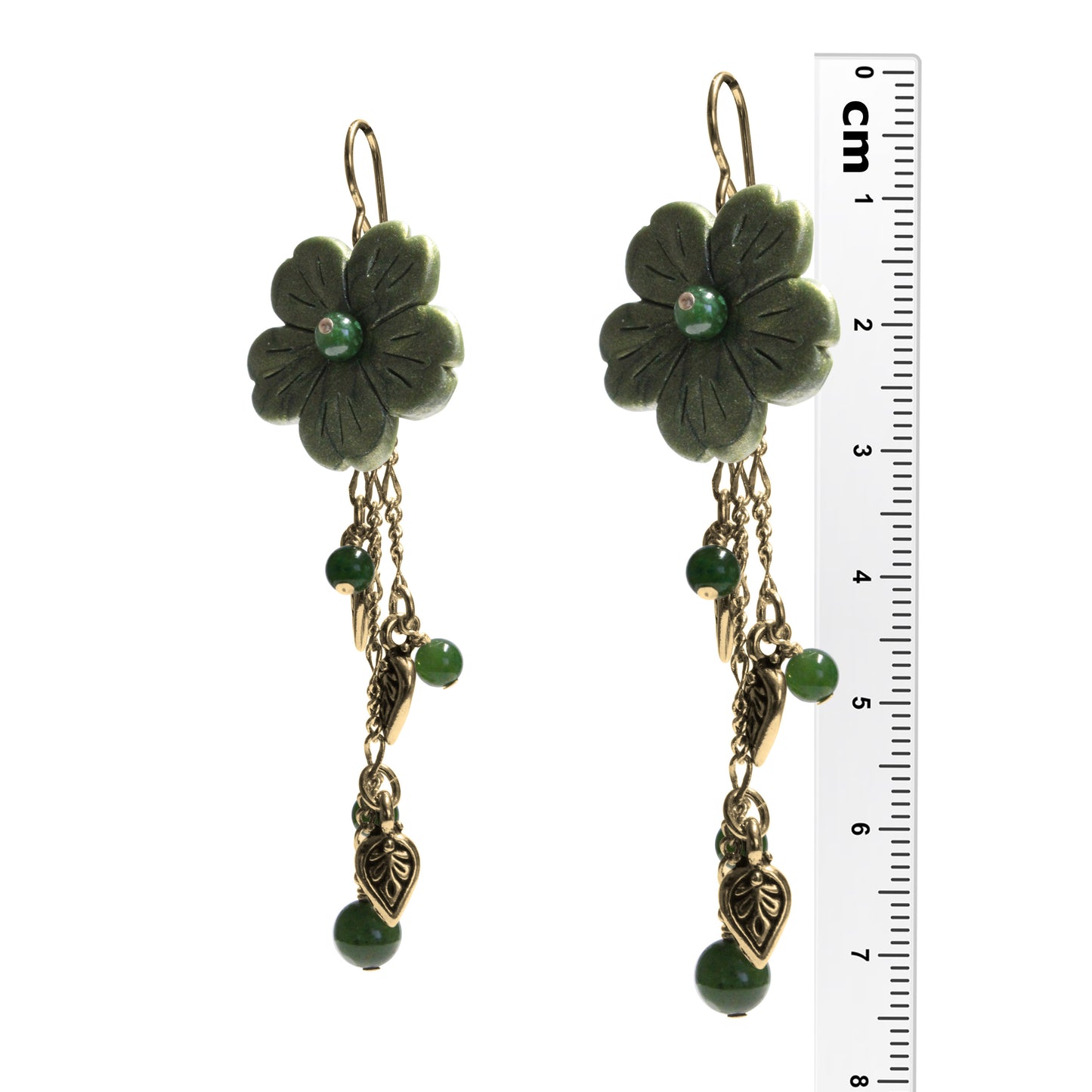 BC Jade Flower Cascade Earrings / 75mm length / with gold pewter charms and gold filled earwires