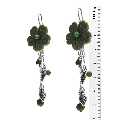 BC Jade Flower Cascade Earrings / 75mm length / with silver pewter charms and sterling silver earwires